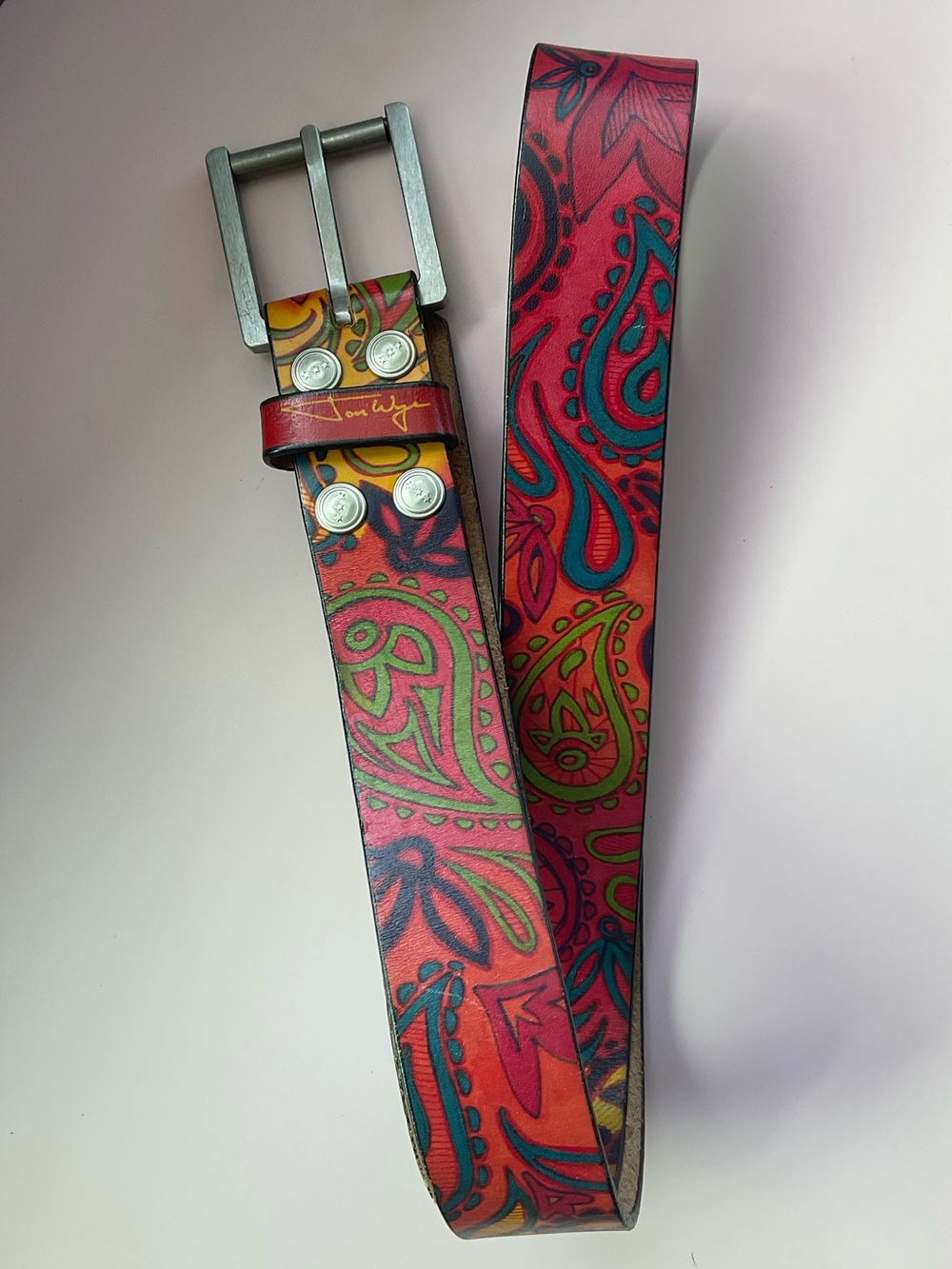 🎨Jon Wye Hand Drawn Paisley Leather Belt Made in USA Multicolor Geometric
